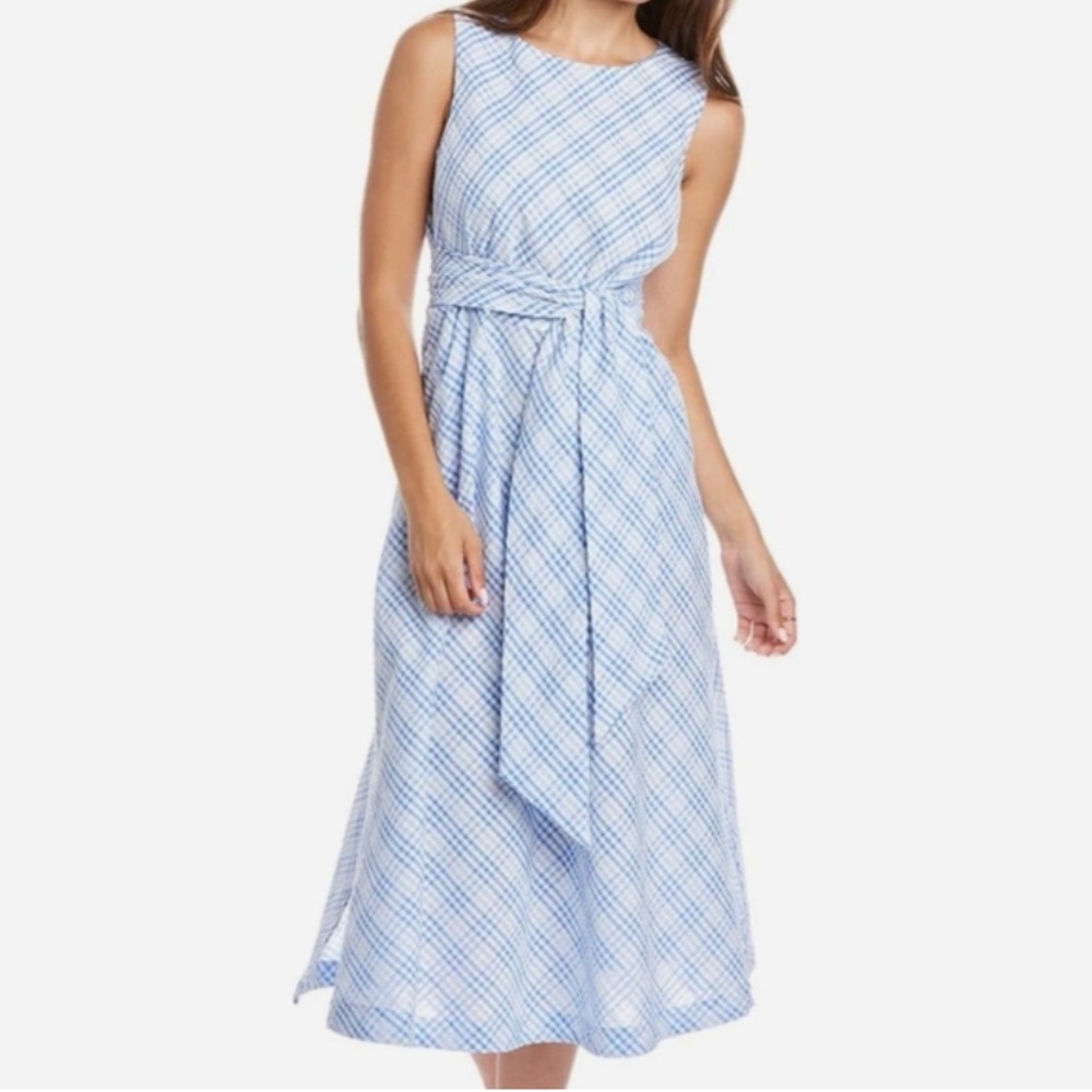 Anne Klein Seersucker Midi Dress Checker Plaid Tie Front - Size 10